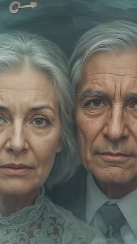 Senior Couple Standing by Chalkboard with Skeleton Key and Pocket Watch Evoking Vintage Legacy