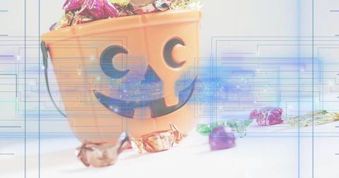 Orange Jack-o-Lantern Candy Bucket with Blue Holographic Overlay for Halloween Tech