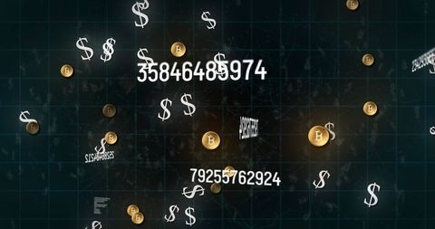 Cryptocurrency and finance symbols on digital grid