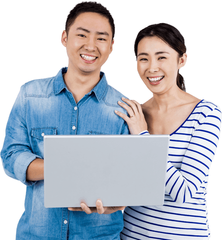Transparent couple relaxing with laptop smiling together