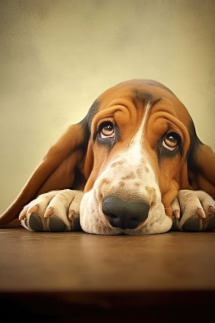 Basset Hound is resting on a table with a calm, thoughtful expression. Ideal for use in pet-related advertisements, veterinary services marketing, or inspirational social media posts. Perfect for illustrating themes of pet relaxation, animal companionship, and the serenity of calm pets.