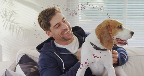 Man Relaxing With Beagle on Sofa in Cozy Living Room