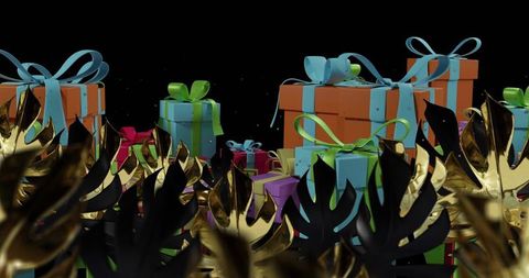 Vivid wrapped gift boxes stacking with gold leaves and satin bows for luxury celebration