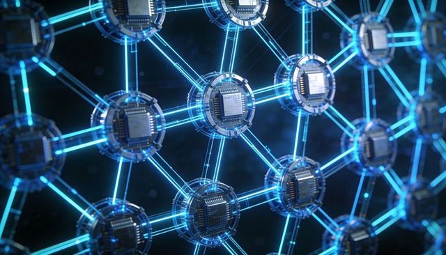Futuristic neural network of interconnected microchip nodes with glowing cyan links
