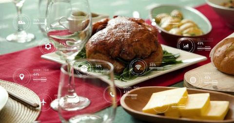 Serving roasted whole chicken on white platter with digital HUD overlays for smart dining