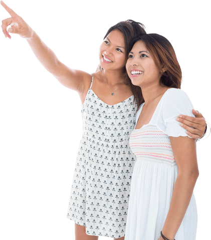 Smiling Sisters Pointing and Embracing on Transparent Background