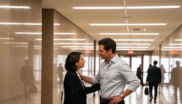 Colleagues conversing in modern office corridor during casual corporate mentoring moment