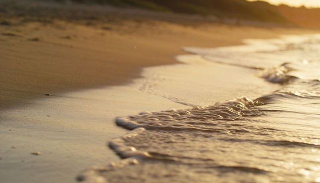 Sunset Shoreline with Shallow Waves Washing Over Wet Sand and Golden Foamy Ripples