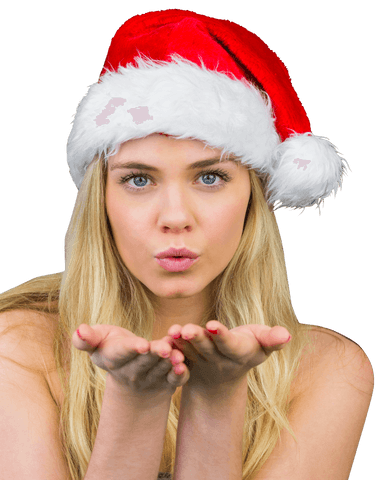 Blonde Woman Blowing Kiss Headwear Santa Hat Transparent Background