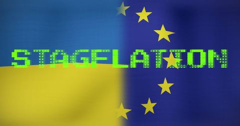 Stagflation Concept with Ukraine and EU Flags Background