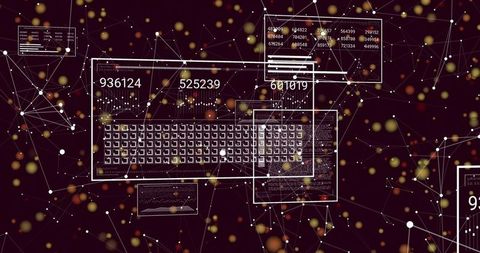 Digital Data Matrix Overlay on Maroon Background with Network Nodes