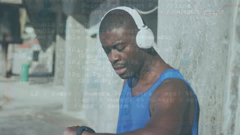 African American Athlete Using Smartwatch with Data Graphics