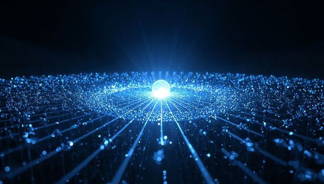 Glowing blue orb emitting radial beams over digital grid with concentric particle rings