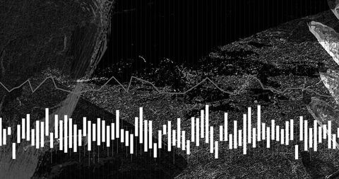 Visualizing monochrome data waveform across textured terrain grid — abstract generative