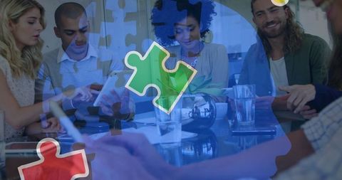 Collaborative teamwork in office with autism awareness theme