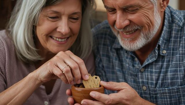 Senior couple sorting memory tags in wooden bowl sharing warm intimate moment at home