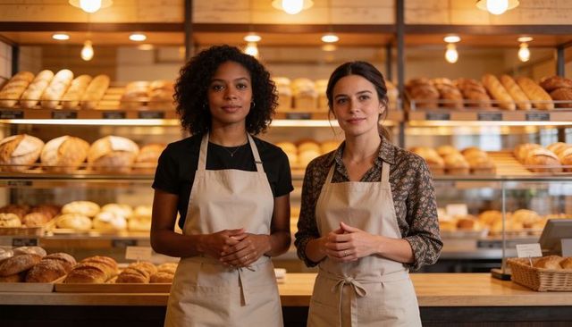Two female bakers standing behind wooden counter in artisan bakery with fresh loaves
