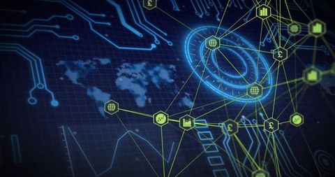 Neon Financial Network Visualization with Global Map and Holographic Data Interface
