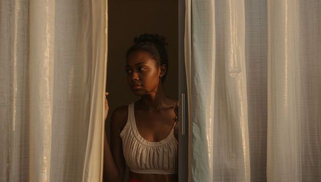 Contemplative young woman peeking through sheer curtains at doorway warm golden sidelight
