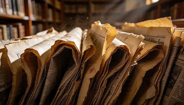 Sunlit vintage newspapers fanning through dusty library archive with floating dust motes