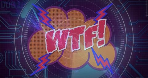 Futuristic pop art design with vibrant wtf text on technology background