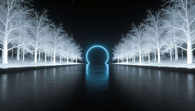 Neon circle portal glowing blue, reflecting on long wet avenue between white-lit trees