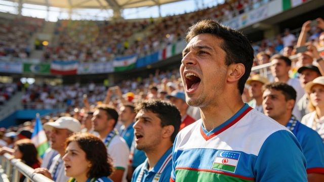 Uzbekistan football fan cheering in stadium wearing jersey with flag patch, leaning on railing