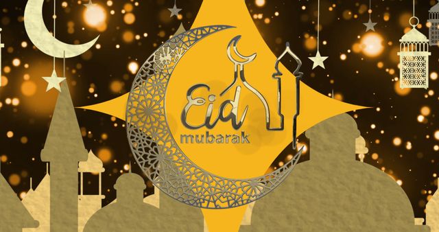 Eid Mubarak Greeting with Mosque and Crescent - Download Free Stock Images Pikwizard.com