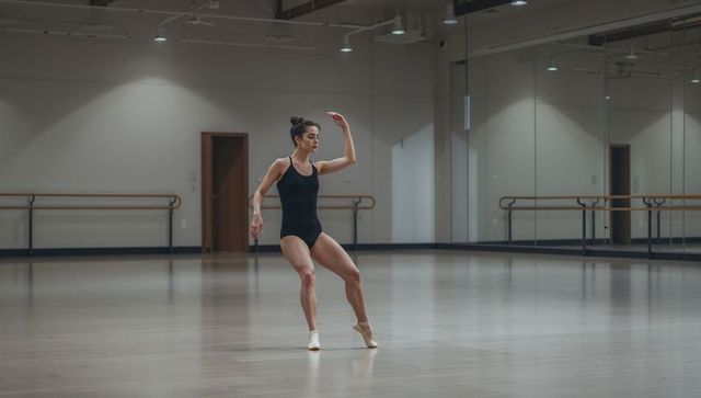 Solo ballet dancer practicing en pointe in spacious mirrored studio wearing black leotard