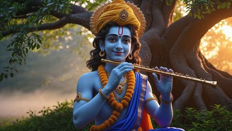 Blue-Skinned Musician Playing Golden Flute in Mystical Forest