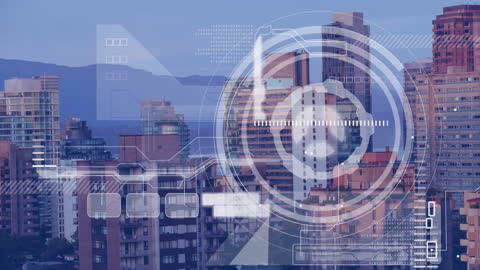 Digital Clock Animation Overlaying Urban Cityscape