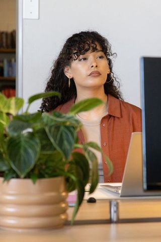 Professional woman sitting at modern desk working on laptop with potted plant, focused