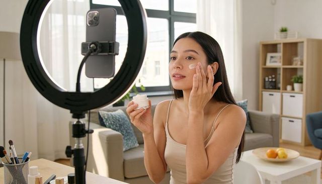 Beauty influencer applying moisturizer using ring light and smartphone at home