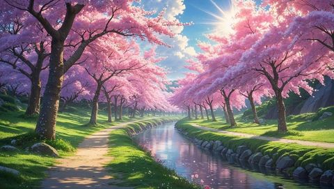 Anime cherry blossom tunnel over serene stream in scenic park