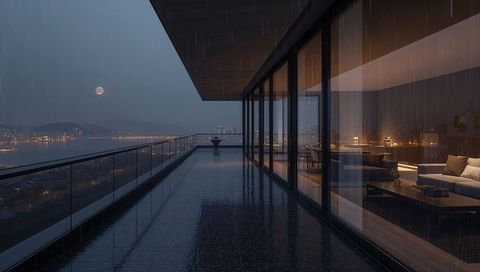 Rain-Soaked Rooftop Terrace Overlooking Moonlit Harbor and Modern City Skyline