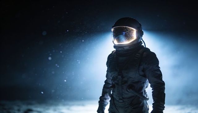 Astronaut standing on lunar regolith with glowing visor and life-support suit