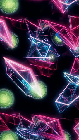 Looping Neon Wireframe Prisms and Glowing Orbs Rotating in Black Void Vertical Video