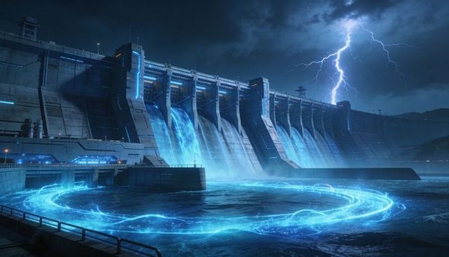 Futuristic hydropower dam at night with neon blue vortex and lightning storm