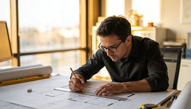 Focused architect drawing detailed blueprint with ruler and pencil at sunlit desk
