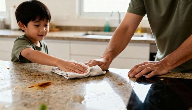 Father and son wiping granite counter together teaching chores teamwork and bonding