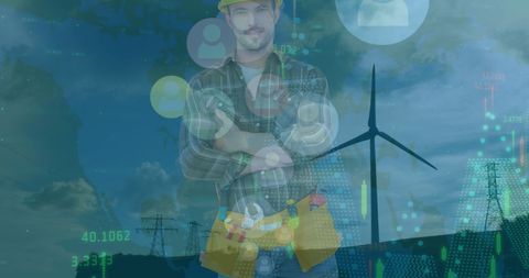 Confident Engineer Overseeing Wind Energy and Digital Integration