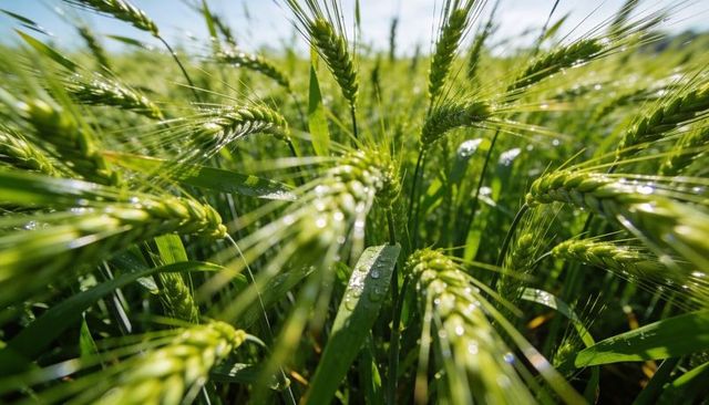 Dew-kissed green barley heads showing morning sunlight and macro texture