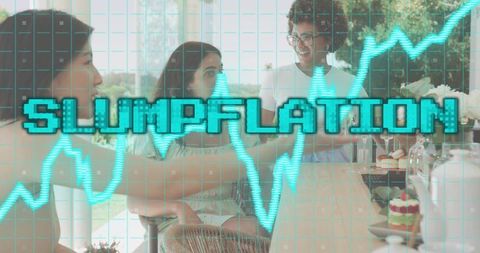 Women chatting and sharing desserts during casual home gathering with slumpflation overlay