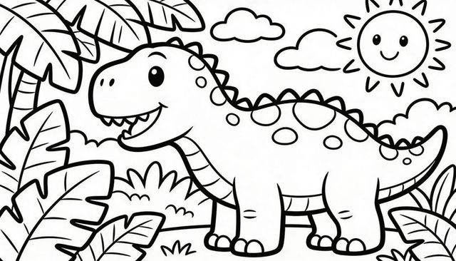Standing cartoon dinosaur coloring page with smiling sun and palm leaves for kids