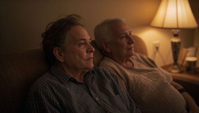 Senior couple sitting close on sofa in warm lamplight intimate evening of quiet companionship
