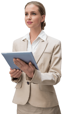 Transparent Businesswoman Holding Tablet in Stylish Attire