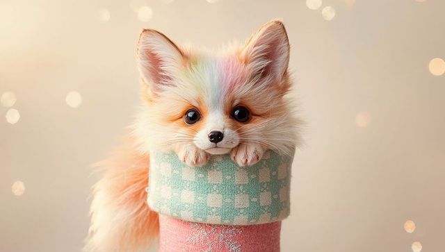 Perching pom puppy peering over pastel cylinder with mint-green band and pink glitter