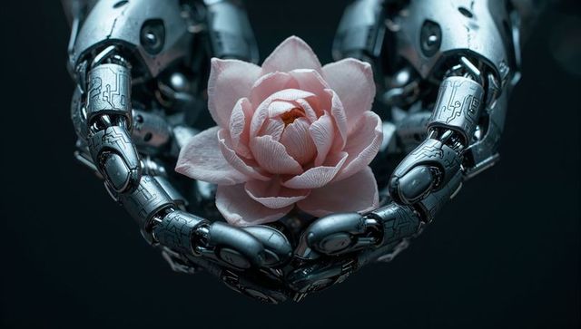 Metallic Robot Hands Holding Delicate Pink Flower in Studio
