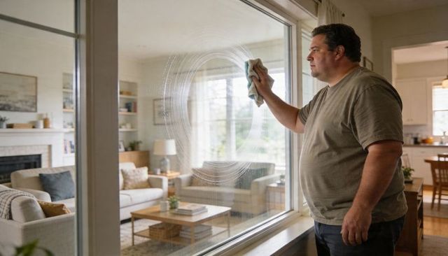 Man cleaning large picture window in modern living room, wiping circular streaks