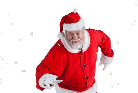Transparent playful Santa Claus dancing with snowballs around